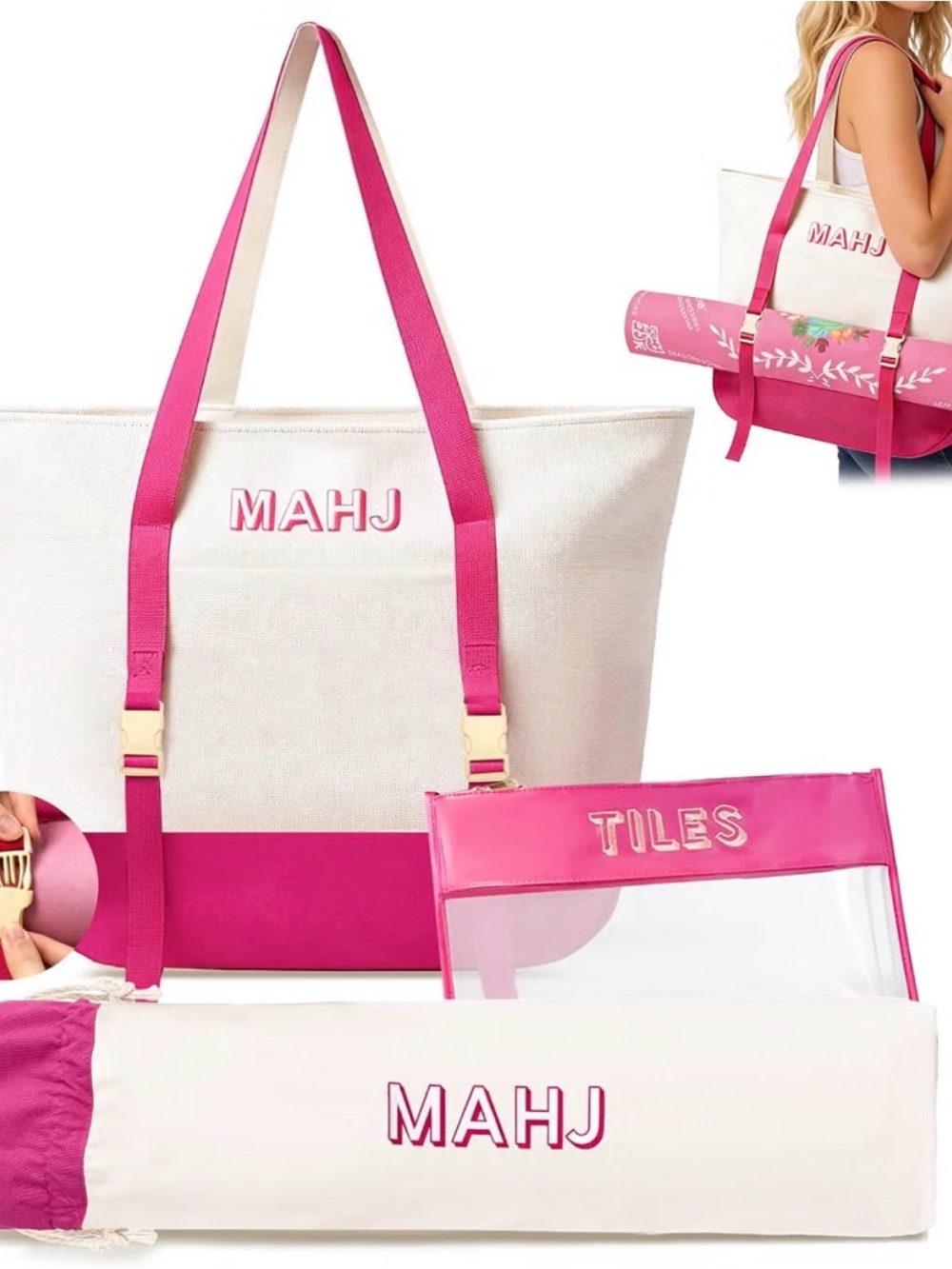 Pink & White Canvas Tote with Matching Pink Accents